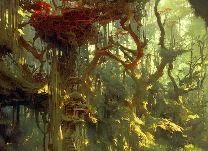 Image similar to treehouse interior, intricate, elegant, highly detailed, vivid colors, john harris, frazetta, tyrus wong, ruan jia, jeffrey catherine jones