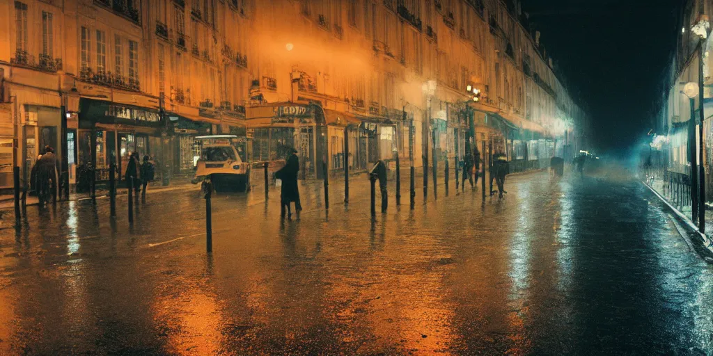 Prompt: street of paris photography, night, rain, mist, cinestill 8 0 0 t, in the style of william eggleston