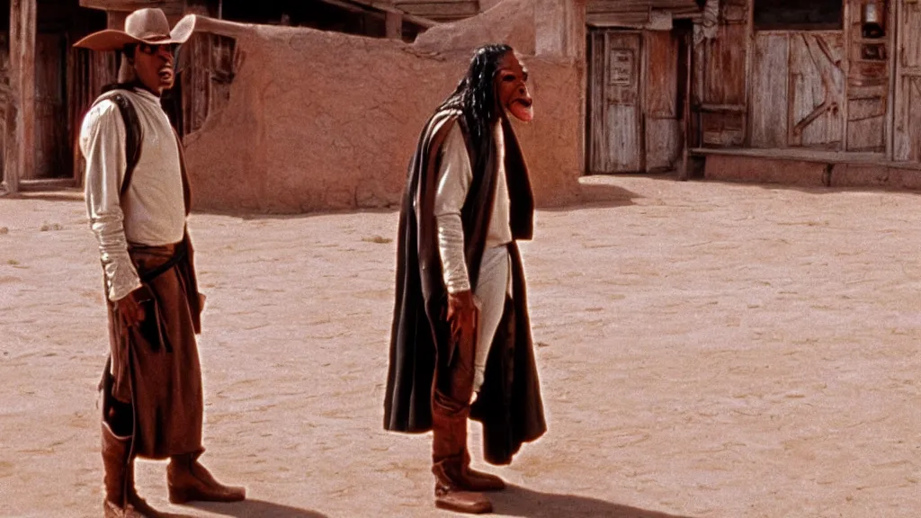 Prompt: Jar Jar Binks in a cowboy outfit, standing in a dusty old western town. Movie screenshot directed by Sergio Leone and Quentin Tarantino. Cinematic. 24mm lens, 35mm film, Fujifilm Reala, f8