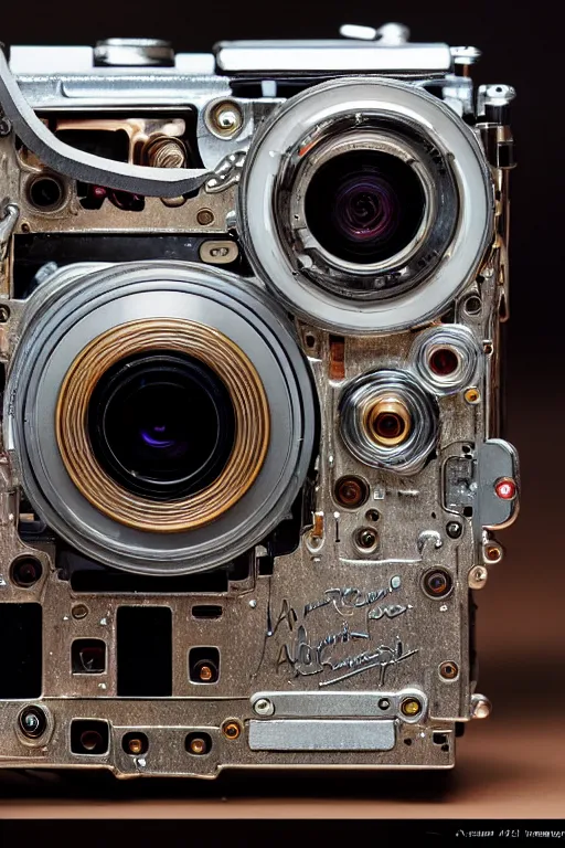 Prompt: A photo of an opened camera, vintage, internals revealed, the most complex looking machine ever made photo taken by someone who doesn't know how to use a camera by Annie Lebovitz and Steve McCurry Ultra detailed, hyper realistic, 4k