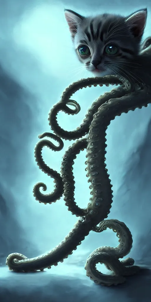 Image similar to an adorable kitten slowly transforming into a tentacle monster, matte oil painting, concept art, dnd, clear, crisp, sharp, fur, eldritch, award - winning, extremely detailed, 4 k, 8 k