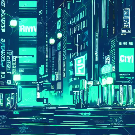 Prompt: a blue and green neon city in the style of blade runner