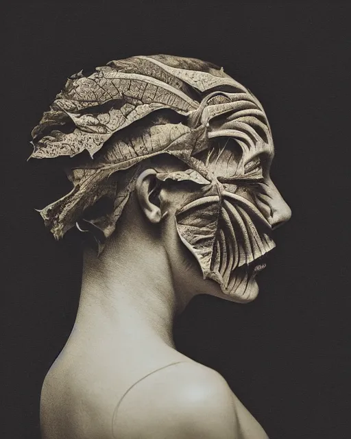 Image similar to a young woman's face in profile, made of leaf skeleton, in the style of the Dutch masters and Gregory Crewdson, dark and moody