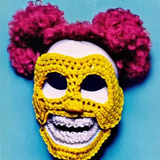 Prompt: multicolored crocheted halloween mask, 1 9 8 0 s catalogue photo