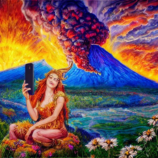 Image similar to painting by josephine wall, horned ram goddess, checking her cell phone, erupting volcano in distance, sunset, flowers in foreground, zodiac, fantasy acrylic on canvas, intricately detailed, highly detailed, high resolution, hdr, 8 k, by senior concept artist, trending on artstation