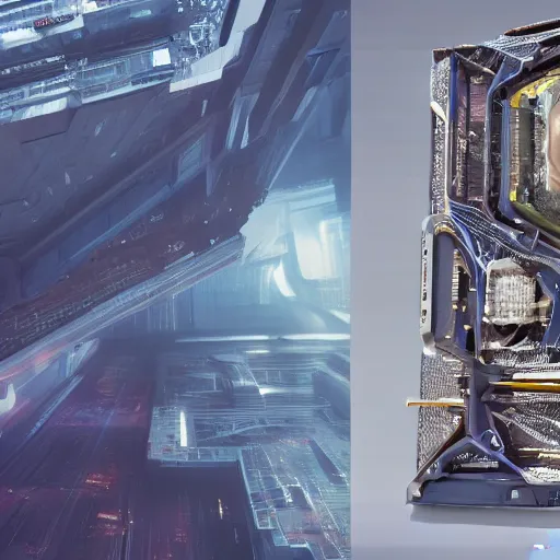 Image similar to sci-fi motherboard structure on the coronation of napoleon painting and digital billboard in the middle, unreal engine 5, keyshot, octane, artstation trending, ultra high detail, ultra realistic, cinematic, 8k, 16k, in style of zaha hadid, in style of nanospace Michael Menzelincev, in style of Lee SOUDER, colors in style of the Blade Runner 2049, in plastic, dark, tilt shift,