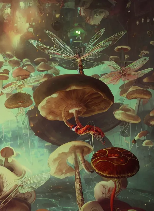 Image similar to surreal gouache painting, by yoshitaka amano, by ruan jia, by Conrad roset, by good smile company, detailed anime 3d render of a wild mushroom Surrounded by a magical dragonfly and a big DJ Mixer, deck, portrait, cgsociety, artstation, rococo mechanical and Digital and electronic, dieselpunk atmosphere