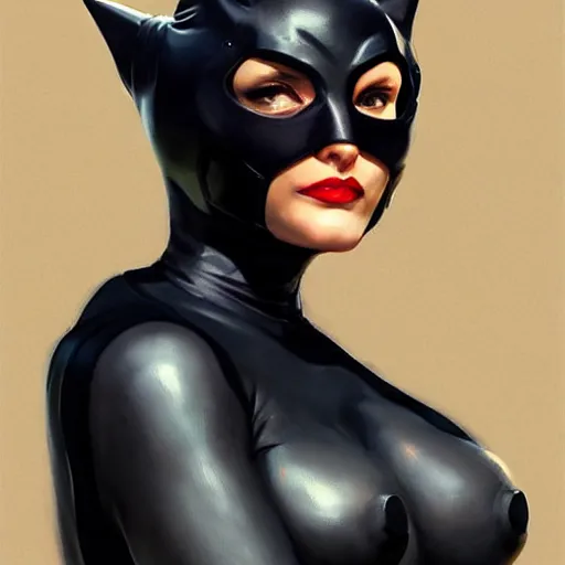 Image similar to Greg Manchess portrait painting of Catwoman as Overwatch character, medium shot, asymmetrical, profile picture, Organic Painting, sunny day, Matte Painting, bold shapes, hard edges, street art, trending on artstation, by Huang Guangjian and Gil Elvgren and Sachin Teng