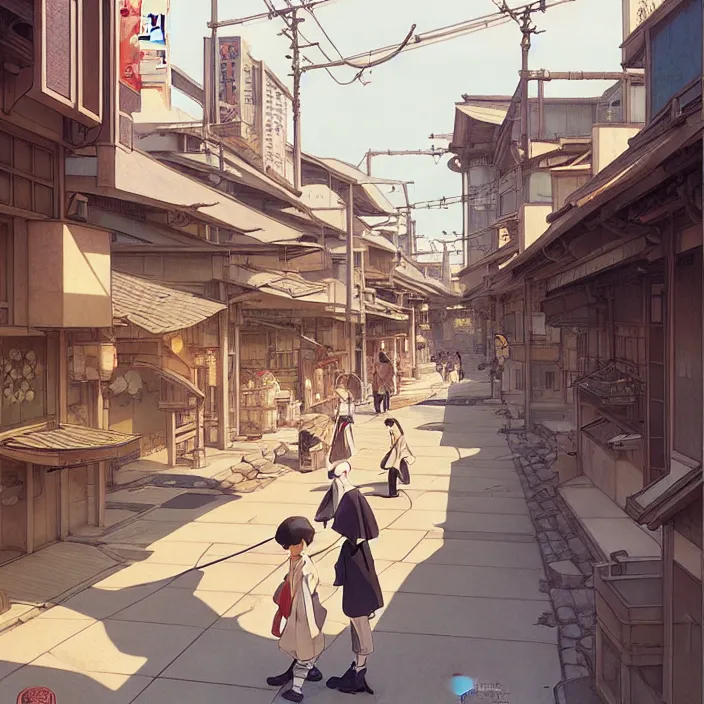 Image similar to empty japanese city, spring, in the style of studio ghibli, j. c. leyendecker, greg rutkowski, artem