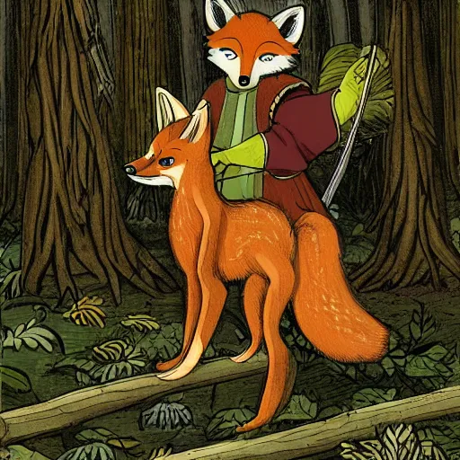 Prompt: a medieval anthropomorphic fox assassin with a fluffy tail in the forest, manga