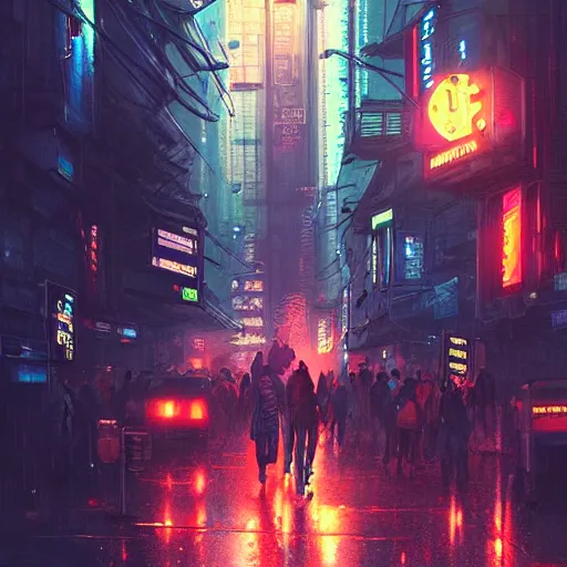 Image similar to overly crowded street of a cyberpunk city, rain, harsh neon lights, highly detailed, digital painting, trending on artstation, concept art, sharp focus, illustration, art by artgerm and greg rutkowski and magali villeneuve