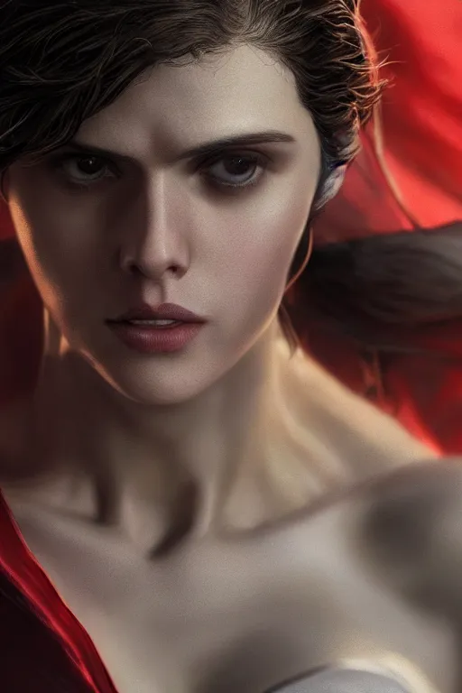 Image similar to a fancy close up of Man of Steel cast as Alexandra Daddario by Greg Rutkowski, Sung Choi, Mitchell Mohrhauser, Maciej Kuciara, Johnson Ting, Maxim Verehin, Peter Konig, 8k photorealistic, cinematic lighting, HD, high details, dramatic, trending on artstation, full body shot