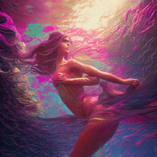 Image similar to coral underwater colorful, fantasy, intricate, highly detailed, digital painting, hd, trending on artstation, illustration, fine lines, sharp edges, colourful, attractive woman, swimming, style of stanley artgerm and greg rutkowski and dan mumford