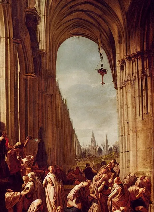 Prompt: lisabeth louise vigee - le brun large crowd of medieval monks gathered at giant gothic ruins cathedral and raising a magical glowing spirit, old master painting with stunning lighting and details photoreal dusk sun lit light