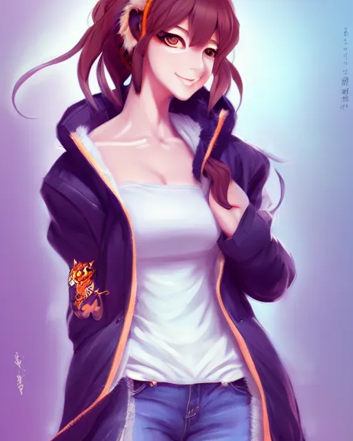 Image similar to fullbody portrait of anthropomorphic half - tiger fluffy cute anime woman in jeans coat, concept art, anime art, by a - 1 picture, trending on artstation artgerm, ross tran, wlop, marc davis