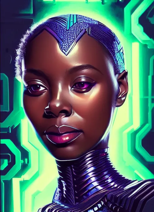 Image similar to portrait of female wakanda humanoid, very intricate, elegant, cyber neon lights, highly detailed, digital illustration, trending in artstation, trending in pinterest, glamor pose, concept art, smooth, sharp focus, art by artgerm and greg rutkowski