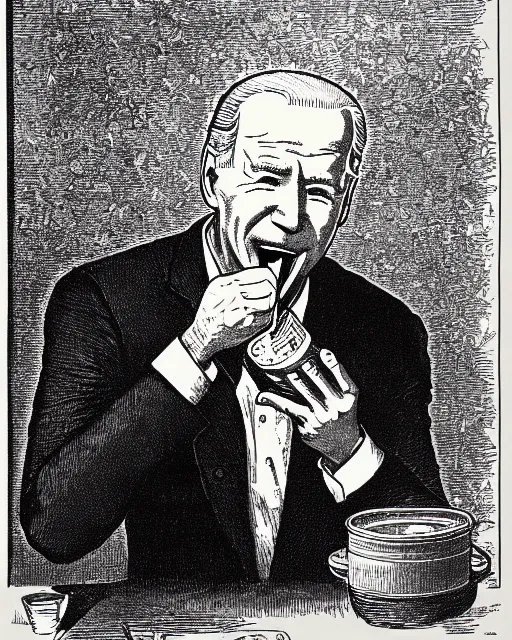 Image similar to illustration of joe biden eating a can of baked beans from the dictionarre infernal, etching by louis le breton, 1 8 6 9, 1 2 0 0 dpi scan