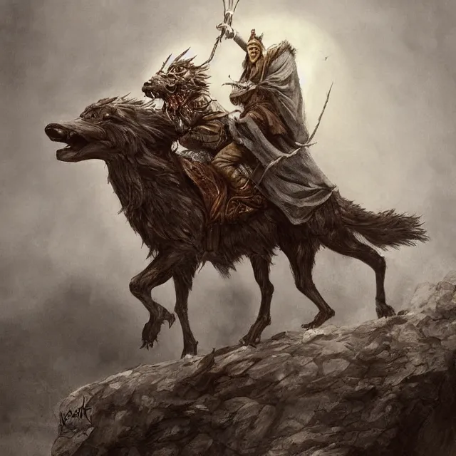 Image similar to young tsarevitch ivan riding on big grey wolf, slavic folk fairytale, story, fable, dramatic, fantasy art, an ultrafine detailed painting, academic art, ornate, inticate, elegant, sharp focus, artstation, by pavel korin, viktor vasnetsov