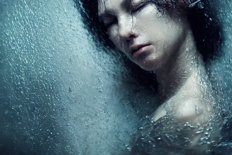 Prompt: an ultra realistic, cinematic, fantasy, portrait, of a woman, face in water, dramatic, soft light, dreamy, facial features, stood in a cell, with prison clothing, detailed, deep focus, movie still, dramatic lighting, ray tracing, by michal karcz and yoshitaka amano