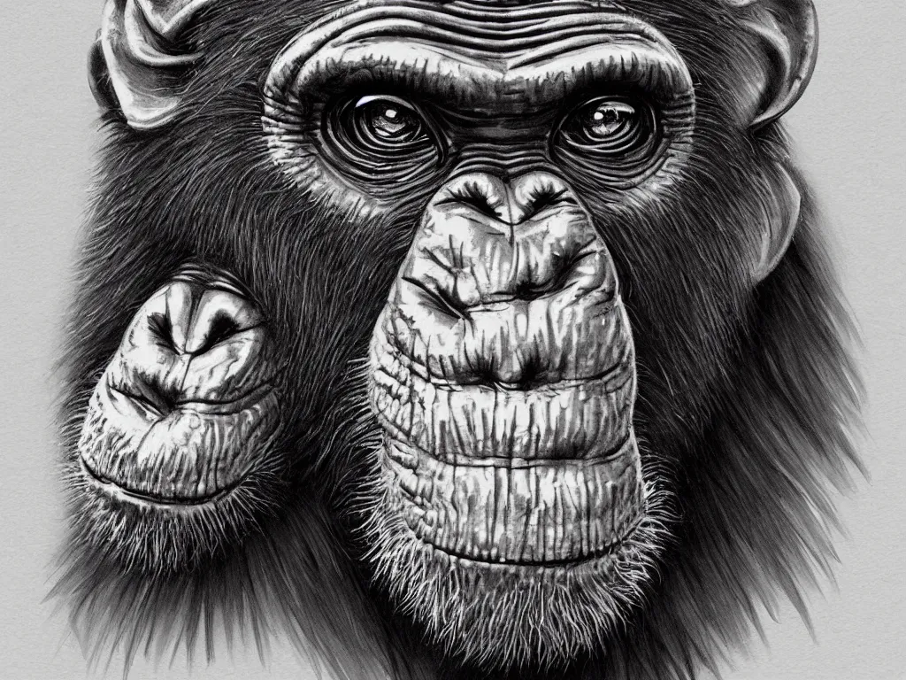 Prompt: Zoological illustration sketch of a chimpanzee with intricate ornate details and embellishments, high detail, hyperrealistic, concept art, artstation, 8k