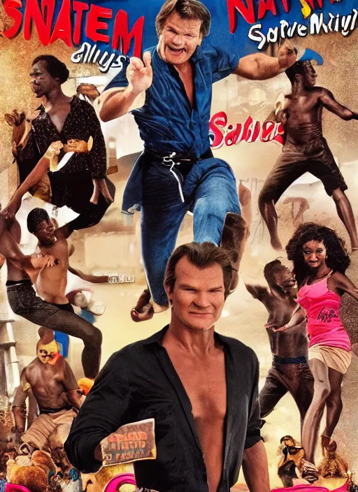 Image similar to Patrick Swayze, Ghanaian movie poster, romantic comedy, waterslide, Ninjas, highly detailed, HD, realism