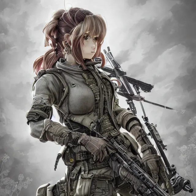 Image similar to the portrait of lawful neutral female futuristic marine sniper as absurdly beautiful, gorgeous, elegant, young anime girl, an ultrafine hyperdetailed illustration by kim jung gi, irakli nadar, intricate linework, bright colors, octopath traveler, final fantasy, unreal engine 5 highly rendered, global illumination, radiant light, detailed and intricate environment