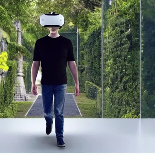 Image similar to mark zuckerberg lost walking in his endless metaverse house of mirrors, vr helmet on