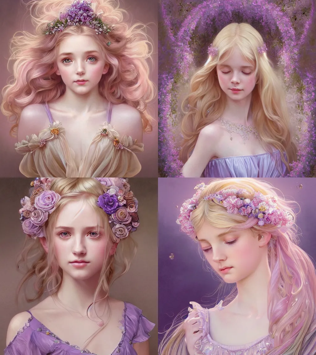 Prompt: portrait of magical young blonde girl, dreamy and ethereal, lavender and blush pink accents, peaceful expression, ornate frilly dress, fantasy, intricate, elegant, beautiful crystals, highly detailed, digital painting, artstation, concept art, smooth, sharp focus, illustration, art by artgerm and mark ryden and alphonse mucha