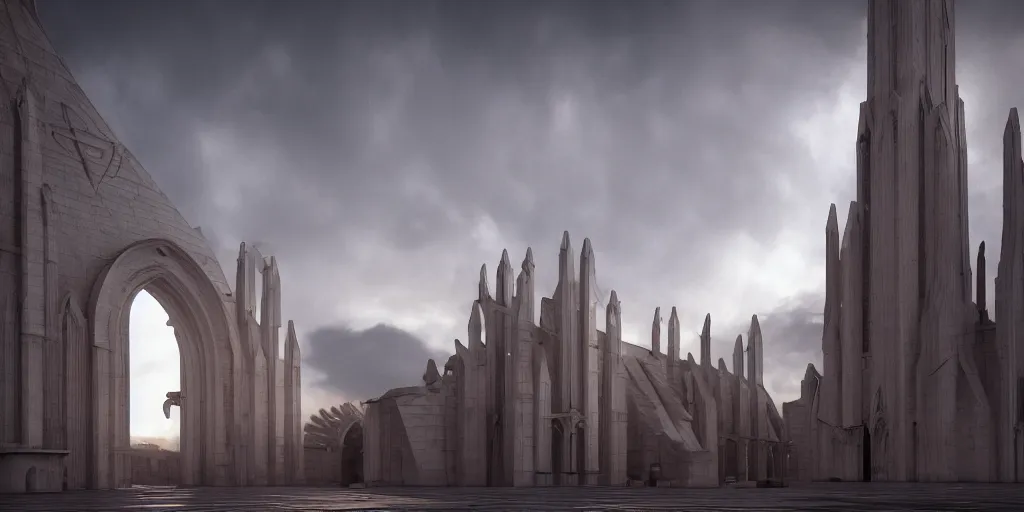 Prompt: roman cathedral with a monolithic cross in the middle, by tim blandin and arthur haas and bruce pennington and john schoenherr, big windows architecture by zaha hadid, octane render, warm colour scheme, white, cinematic, scenery, cgsociety, modernism, futuristic, trending on artstation, sci - fi, high detail, high quality, close up angle