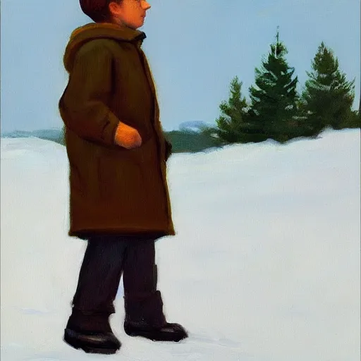 Image similar to a brown haired man wearing a green snow suit, detailed, edward hopper, trending on artstation,