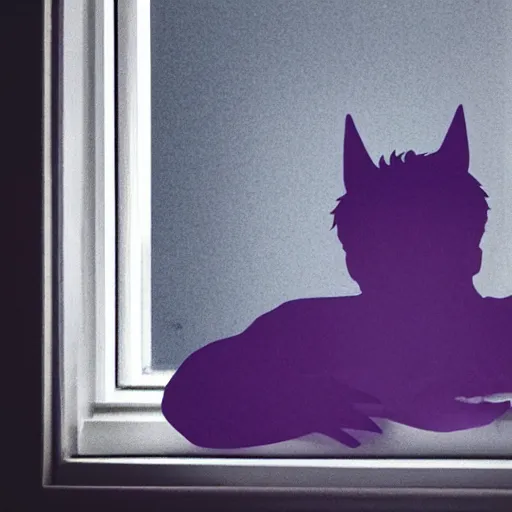 Image similar to man sleeping, a boy with purple hair and cat ears standing in window, dark lighting