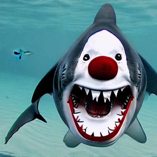 Image similar to photo of a hybrid between a shark and a clown