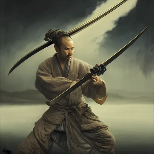 Image similar to hd, 8 k, dslr, hyperreal, 4 k, artstation, a samurai holding a katana by seb mckinnon hokusai greg rutkowski