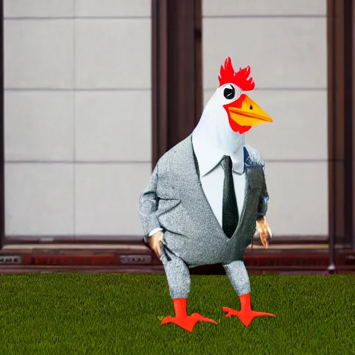 Image similar to a high quality photo of an antropomorphic chicken wearing a suit, 8k, digital art