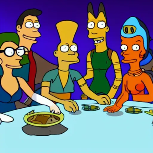 Prompt: the futurama crew sitting at a table, style of a clay animation.