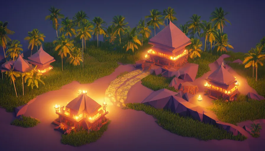 Image similar to a low poly isometric render of moonlit kerala village in the style of horizon forbidden west, with kerala motifs, intricate, elegant, smooth shading, soft lighting, illustration, simple, solid shapes, concept art, by magali villeneuve, jeremy lipkin and michael garmash, rob rey and kentaro miura style, octane render