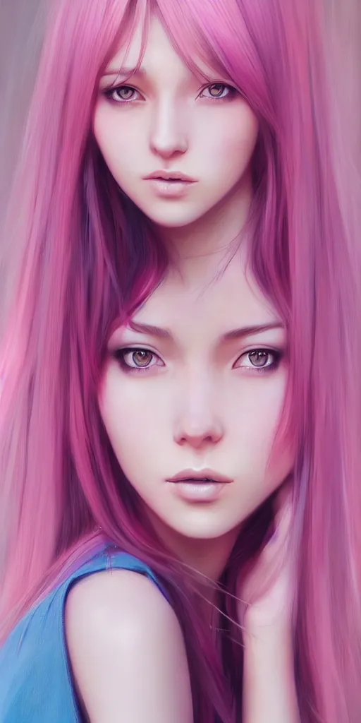 Image similar to one beautiful girl with pink and blue dyed hair, realistic female portrait, highly detailed, by ilya kuvshinov andmakoto shinkai, photorealistic