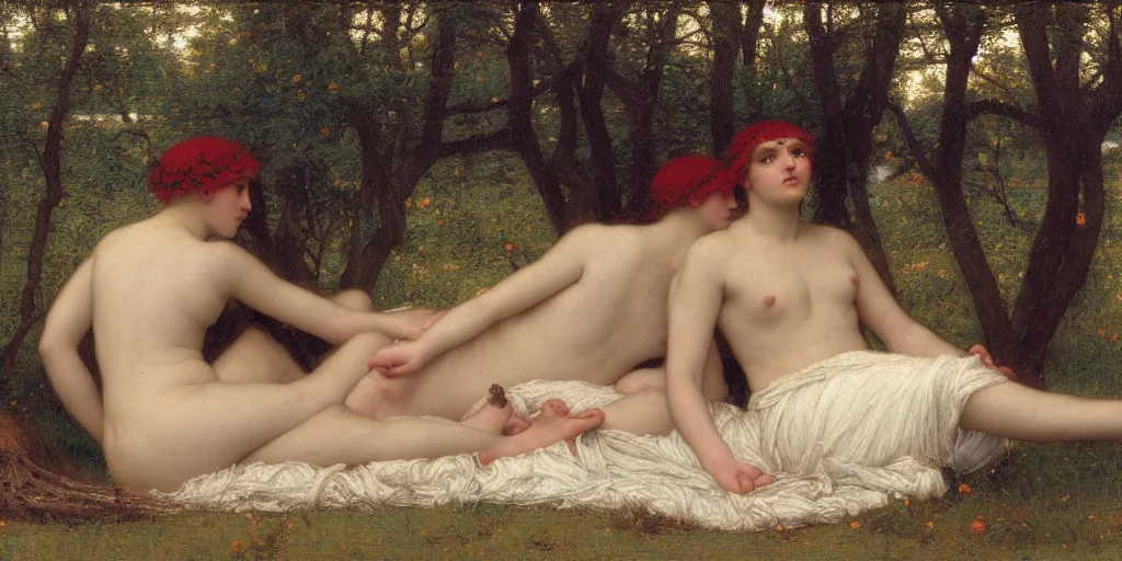 Prompt: et in Arcadia Ego, in the style of Thomas Cooper Gotch, John William Godward, Edgard Maxence, Jules Bastien-Lepage, oil on canvas, 4k resolution, 1890