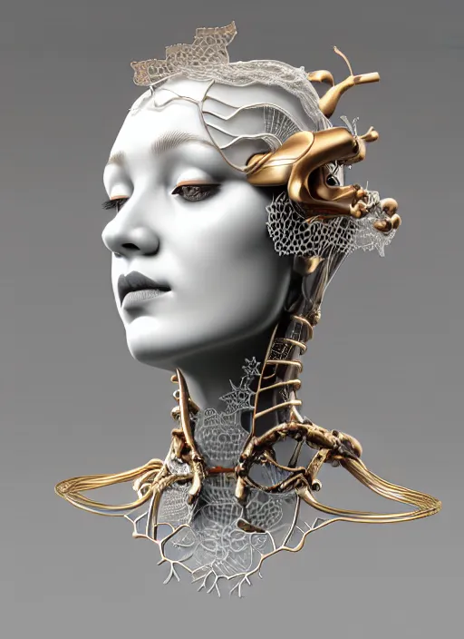 Prompt: complex 3d render ultra detailed of a beautiful porcelain profile woman face, mechanical cyborg, 150 mm, beautiful natural soft light, rim light, silver gold details, mechanical magnolia and ghost orchid big leaves and stems, roots, fine foliage lace, maze like, mesh wire, intricate details, hyperrealistic, ultra detailed, mandelbrot fractal, anatomical, red lips, white metal neocubism armor, facial muscles, cable wires, microchip, elegant, octane render, H.R. Giger style, 8k