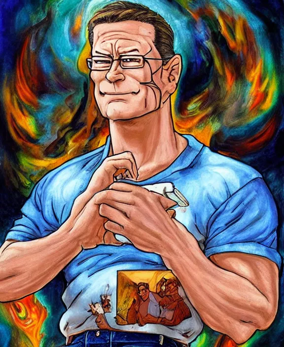 Image similar to hank hill wearing bluejeans and white tshirt, the god of propane's blue flames, blue fire, biblical painting, art by mike judge, art by josephine wall, art by amanda sage, art by huang guangjian, art by viktoria gavrilenko, trending on artstation