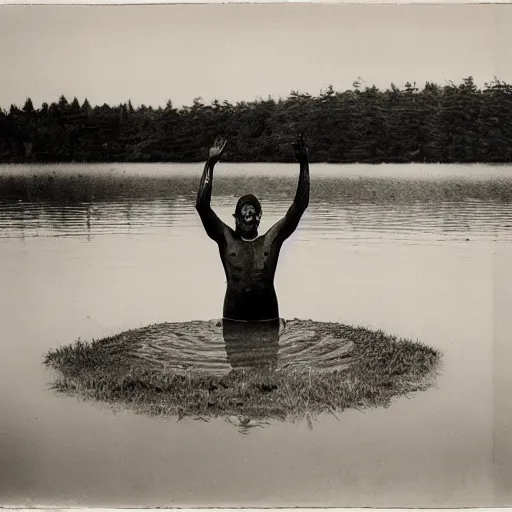 Image similar to A wet-collodion portrait of a man who is in a lake, half of his body is submerged while the other half is above the water, calming, serene, peaceful