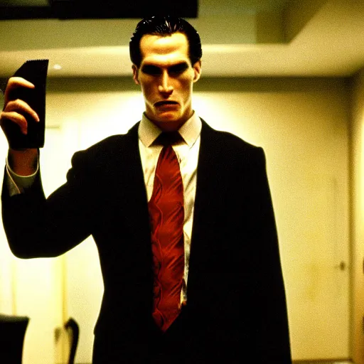 Prompt: Anthromorphic dragon man in the American Psycho (2000), doing the Bateman stare, cinematic still, 4K Bluray