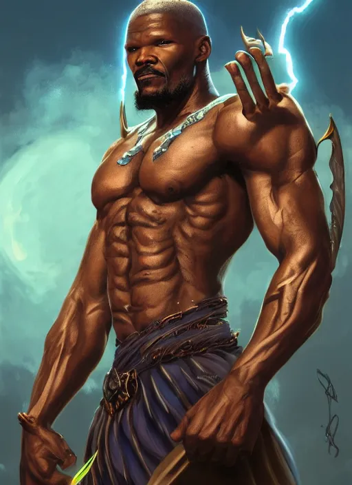 Prompt: a highly detailed illustration of Jamie Foxx as a bearded short fade hair african warrior god of lightning, evil summoning lightning from hands pose, moonlit clouds background, muscular, intricate, elegant, highly detailed, centered, digital painting, artstation, concept art, smooth, sharp focus, league of legends concept art, WLOP