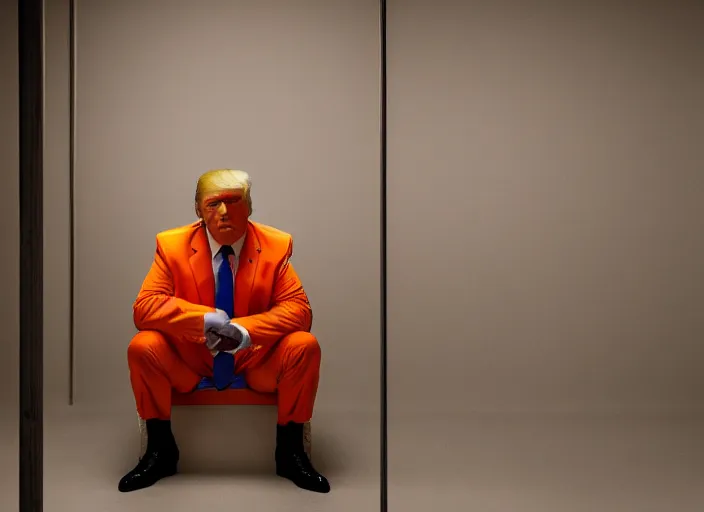 Image similar to portrait photo of donald trump sitting in a jail cell wearing an orange jumpsuit defocused bars in the foreground, studio lighting, key light, 8 k, 8 5 mm f 1. 8