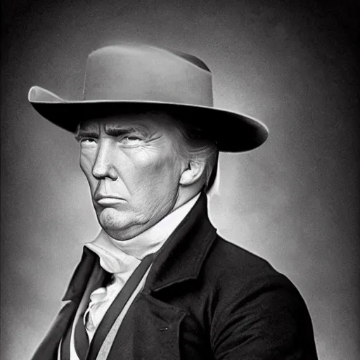 Image similar to an 1 8 0 0 s photo of donald trump playing the role of clint eastwood, squinting at high noon, in the style of a clint eastwood movie, the good, the bad and the ugly, clint eastwood, vibe, donald trump, glory days, justice, american flag, patriotism, apple pie, black and white, artgerm