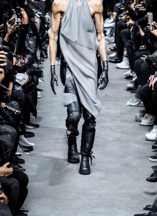 Image similar to hyperrealistic and heavy detailed rick owens avant garde runway show of batman, leica sl 2 5 0 mm, vivid color, high quality, high textured, real life