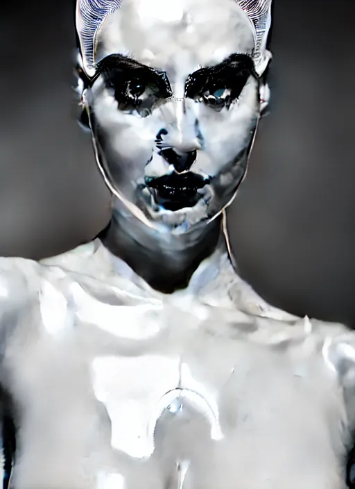 Prompt: a fierce nubile young woman with reflections in her eyes and slicked hair, wearing a futuristic white latex costume, white facemask, clear skin, elegant, graceful, fashionable, cinematic, hyperdetailed illustration by irakli nadar and alexandre ferra, intricate linework, faberge, ornamental, depth of field, global illumination,