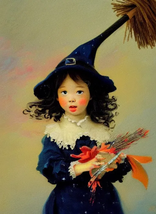 Image similar to little cute witch in an oil painting by jean - honore fragonard, portrait, with a broom, bob cut black hair, red bow in the hair, asian girl, intricate details, symmetrical face, sky in the background, stars, sparkles, glitter, sunset, epic lighting, soft vibes, navy blue red and black tones, ghibli tones, cinematic