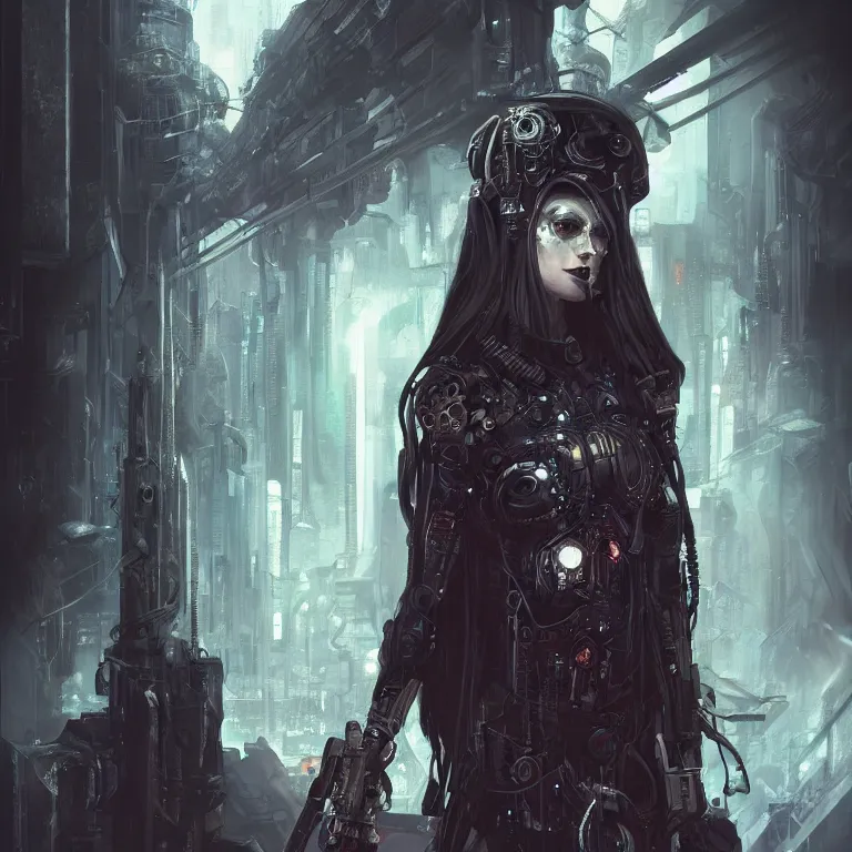 Image similar to cybernetic priestess, cyberpunk, gothic, fantasy, science fiction, character concept art, matte painting, hyperdetailed, realistic, creepy, atmospheric, cinematic, kinemacolor