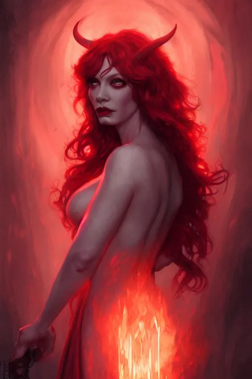 Image similar to christina hendricks as a succubus, glowing red eyes, very dark environment, misty atmosphere, closeup, d & d, fantasy, intricate, elegant, highly detailed, digital painting, artstation, concept art, matte, sharp focus, illustration, hearthstone, art by artgerm and greg rutkowski and alphonse mucha